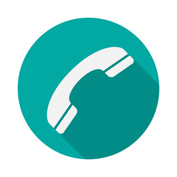 Phone circle icon with long shadow. Flat design style. Handset simple silhouette. Modern, minimalist, round icon in stylish colors. Web site page and mobile app design vector element.