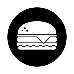 Burger circle icon. Black, round, minimalist icon isolated on white background. Hamburger simple silhouette. Web site page and mobile app design vector element.