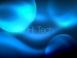 Blurred blue neon glowing circles, hi-tech modern bubble template, techno glowing glass round shapes or spheres. Geometric abstract background