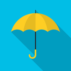 Yellow umbrella icon with long shadow. Flat design style. Umbrella simple silhouette. Modern, minimalist icon in stylish colors. Web site page and mobile app design vector element.
