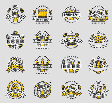 Beer vector logo badges vintage craft old fashion drink beer bottles company logotype icons illustration isolated