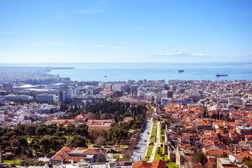 View of Thessaloniki city, the sea, ships and the olympous mountain