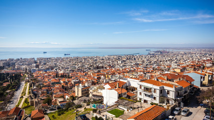 View of Thessaloniki city, the sea, ships and the olympous mountain