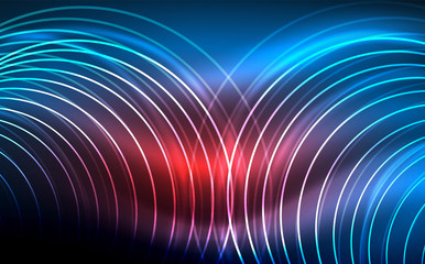 Circular glowing neon shapes, techno background. Abstract shiny transparent circles on dark technology space