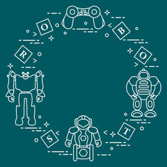 Toys for children: robots, remote control, cubes.