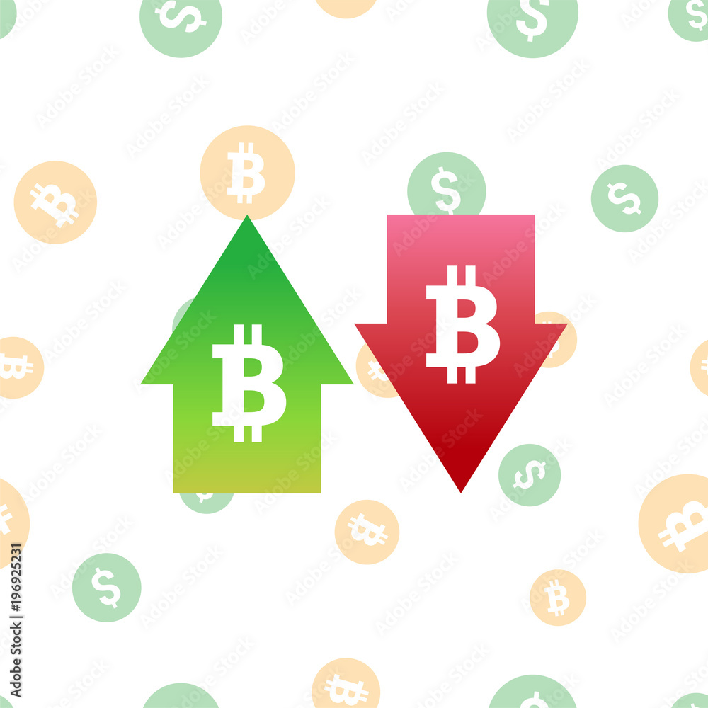 Poster bitcoin digital currency symbol with arrows up and down. crypto currency inflation, deflation, evalu