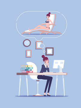 Tired business woman character overloaded at work and dreaming of vacation on beach resort vector flat illustration. Stressed businesswoman thinking of herself lying on a chaise longue in swim suit.