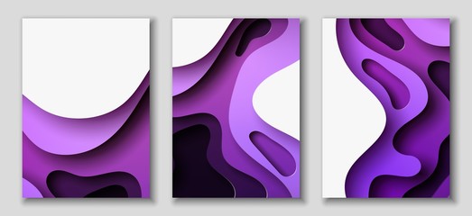 Vertical A4 flyers with 3D abstract background with paper cut purple waves. Vector design layout