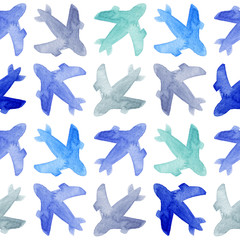 Watercolor illustrated vacation traveling jet plane pattern in blue and gray ink color