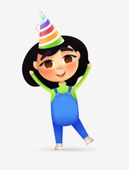 Happy young girl character with birthday cone. Vector cartoon style.