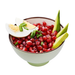 Home recipes: salad with avocado, eggs and pomegranate isolated on white background