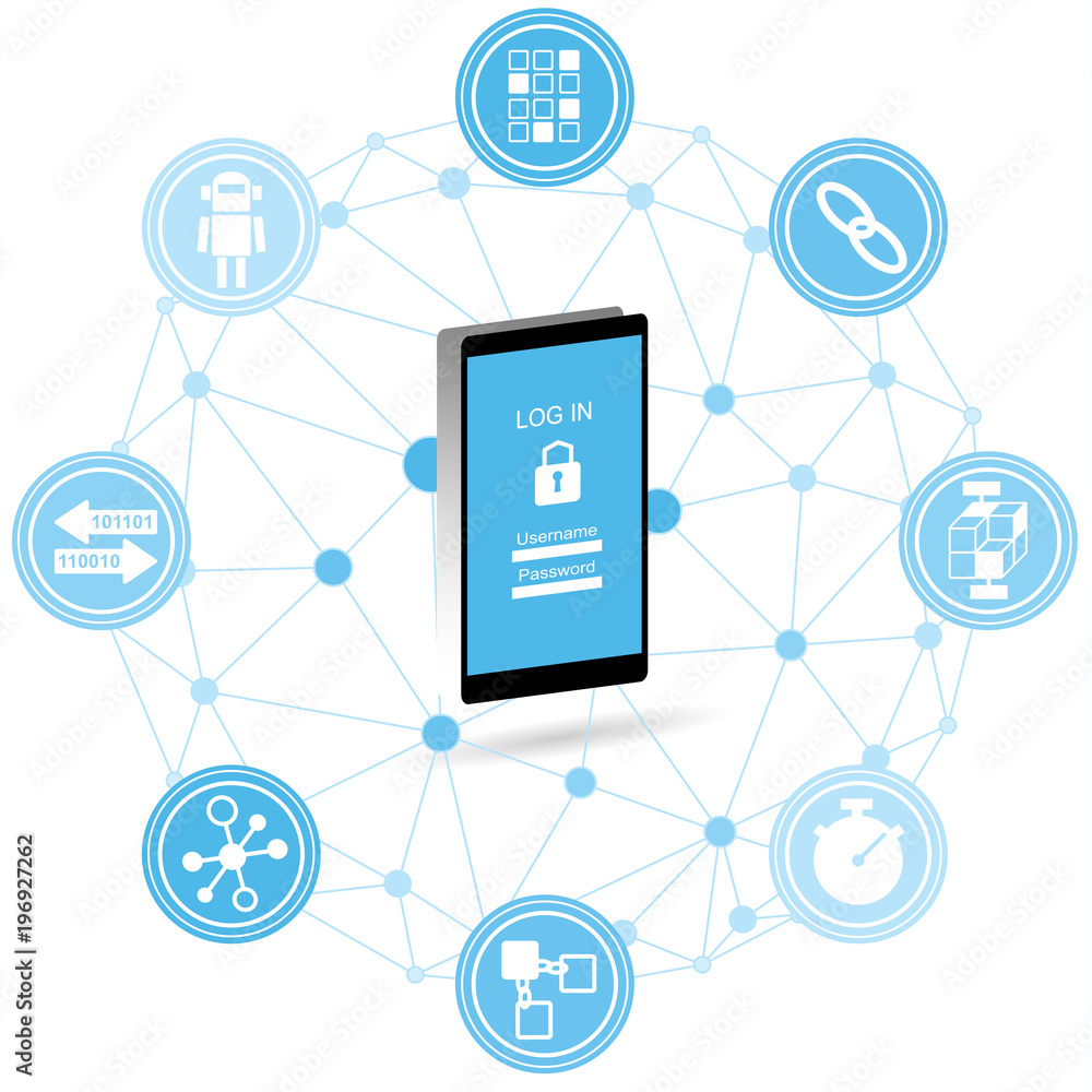 Poster block chain security concept. smartphone with security protection and icons for web. internet securi