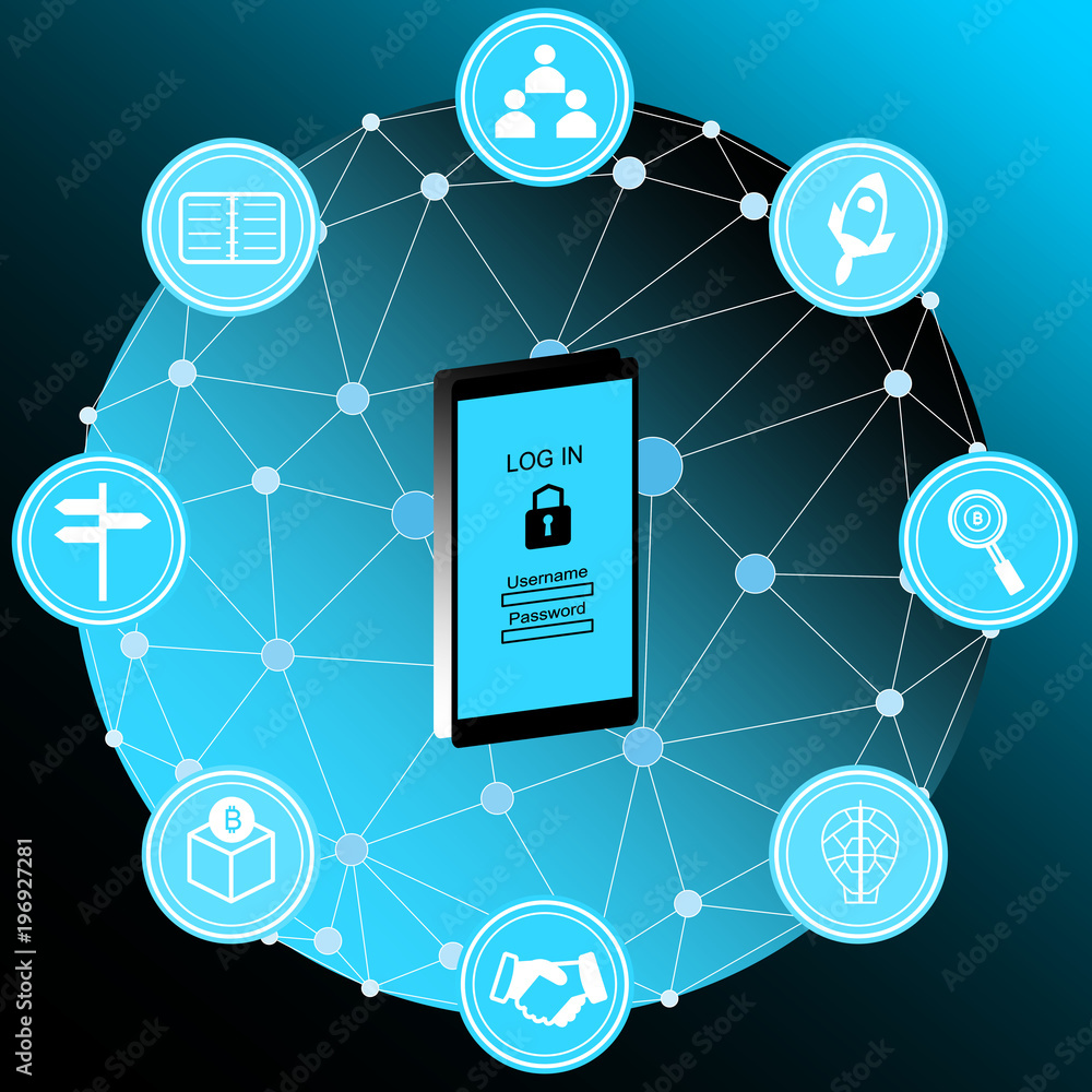 Poster block chain security concept. smartphone with security protection and icons for web. internet securi