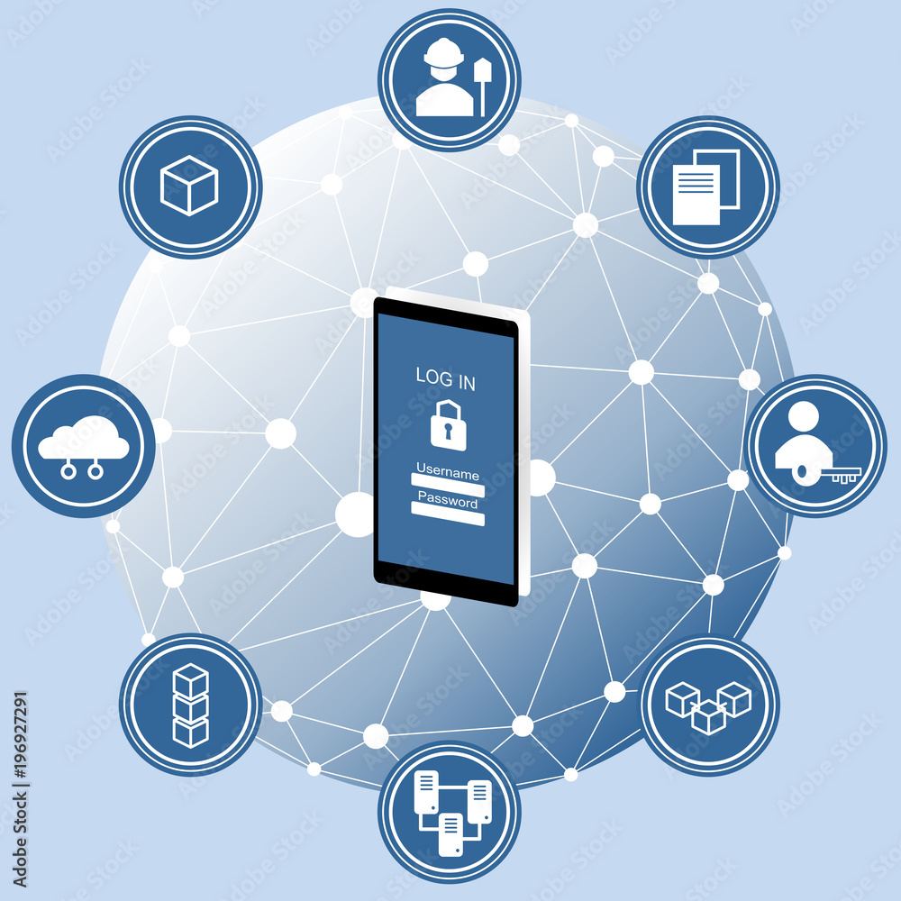 Poster block chain security concept. smartphone with security protection and icons for web. internet securi