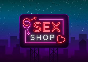 Sex shop logo, night sign in neon style. Neon sign, a symbol for sex shop promotion. Adult Store. Bright banner, nightly advertising. Vector Illustration