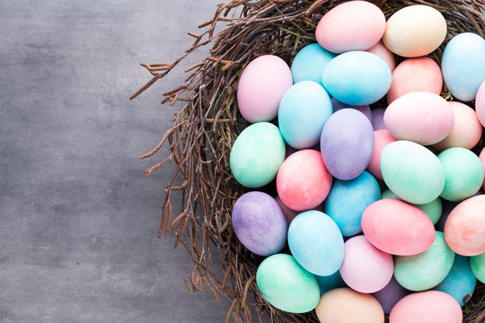 Easter colored eggs on the vintage background.