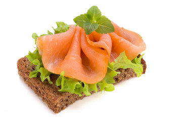 Bread with fresh salmon fillet isolated on white background, top view.