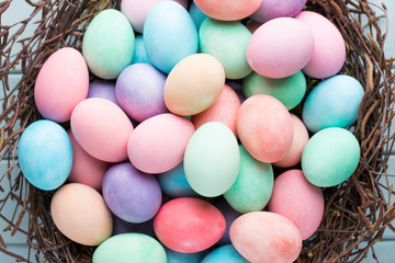 Pastel Easter eggs background. Spring greating card.