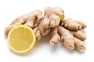 Ginger bio and lemon on white background.