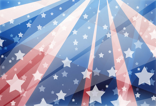 red white and blue background design with stars and stripes in modern geometric abstract layout, faded layered transparent striped shapes in sunburst shape, veteran's day, memorial day, and July 4th