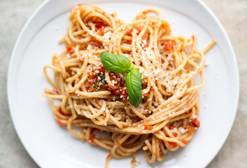 Homemade Italian pasta spaghetti with tomato sauce, fresh herbs and grated parmesan cheese on wooden rustic table