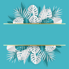 Tropical paper palm, monstera leaves frame. Summer tropical leaf. Origami exotic hawaiian jungle, summertime background. Paper cut style. White color