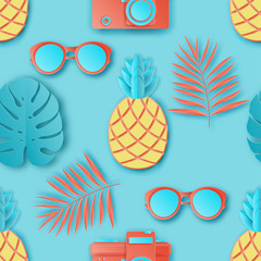 Summer seamless pattern with tropical palm leaves, retro photo camera, sunglasses and exotic fruit pineapple. Paper cut style, pastel colors