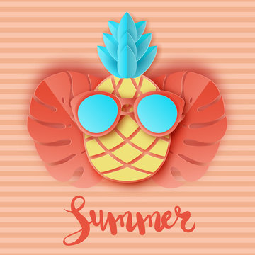 Cute paper pineapple in sunglasses and tropical leaves on striped background. Summer vacation concept. Pastel colors
