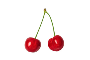 Two heart shaped fresh cherry berries isolated on white background