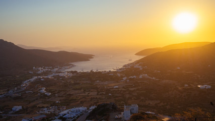 Panoramic view from the port of Amorgos at sunset