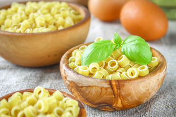 Ditalini macaroni. Pasta rings. Tubettini and thimbles. Anellini.