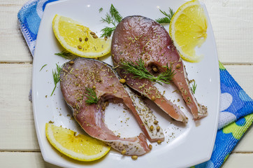 steaks of raw fish