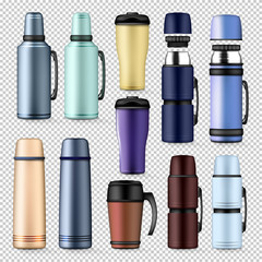 Obraz premium Thermos drink container mockup set. Realistic illustration of thermos mock-up for web