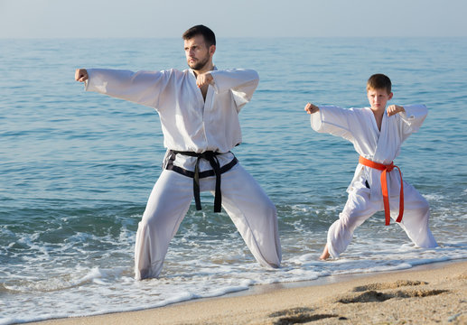  man and teenager show karate poses