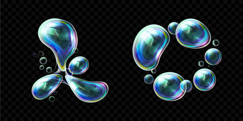 Set of realistic transparent colorful soap bubbles in the deformation. Water spheres with air, soapy balloons, lather, suds, soapsuds. Glossy Foam Balls with bright reflex. Vector 3d illustration.