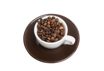 cup with beans coffee isolated