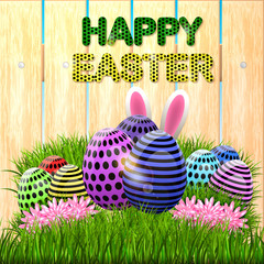 Easter eggs composition, hand drawn black inscription. Easter banner background template with beautiful colorful eggs. Vector illustration.