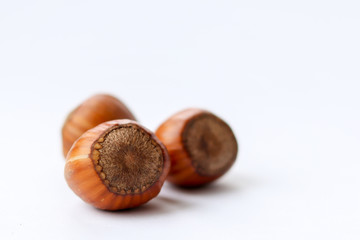 Group of three huzelnuts isolated on white background, close-up