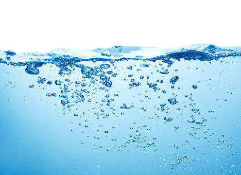 blue water surface with splash and air bubbles on white backgtround