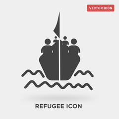 refugee icon on grey background, in black, consequences of war, vector icon illustration