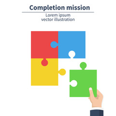 Completion mission concept. Businessman hold puzzle. Business metaphor. Successful implementation plan. Execute plan. Vector illustration flat design.