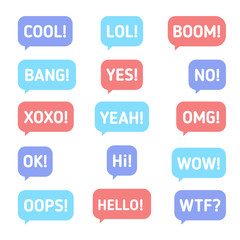 Sms message cool, lol, boom, bang, yes, no, xoxo, yeah, omg, ok, hi, wow, oops, hello, wtf. Word in speech bubble.