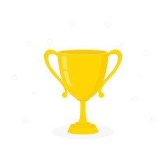 Golden Trophy cup, winner 1st place pedestal, shiny yellow cup golden flat cartoon design. Vector illustration isolated on white background.
