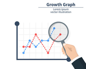 The concept of graph growth. Businessman holding a magnifier. The stock market has arrived. Vector illustration of a flat design. Isolated on white background.