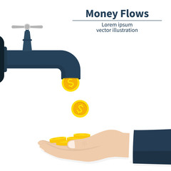 Cash flow concept. Gold coins fall. Catch money hand. Achievement success. Finance faucet. Vector illustration.