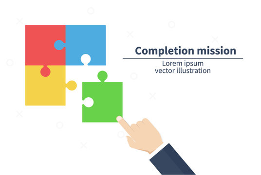 Completion mission concept. Businessman hold puzzle. Business metaphor. Successful implementation plan. Execute plan. Vector illustration flat design.