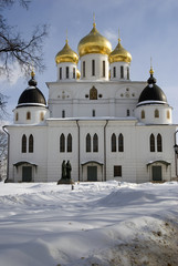 Kremlin in Dmitrov town, Moscow region, Russia. Famous historic town, popular landmark. Color winter photo.