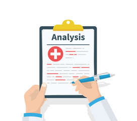 Doctor hold clipboard Analysis and takes notes on it. Medical report. Checklist. Flat design, vector illustration on background. Best quality.