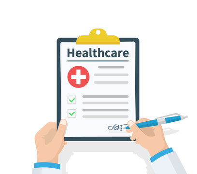 Doctor hold clipboard Healthcare and takes notes on it. Medical report. Checklist. Flat design, vector illustration on background. Best quality.
