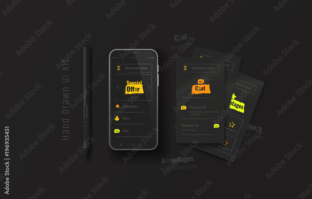 Poster mobile phone with web application. hand-drawn ux, ui kit. user experience. user interface. mobile ap